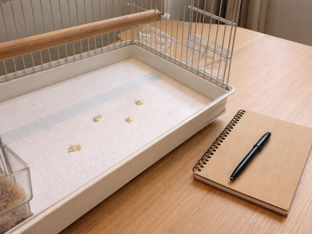 At-home bird care setup with clean cage paper and careful observation of pale droppings