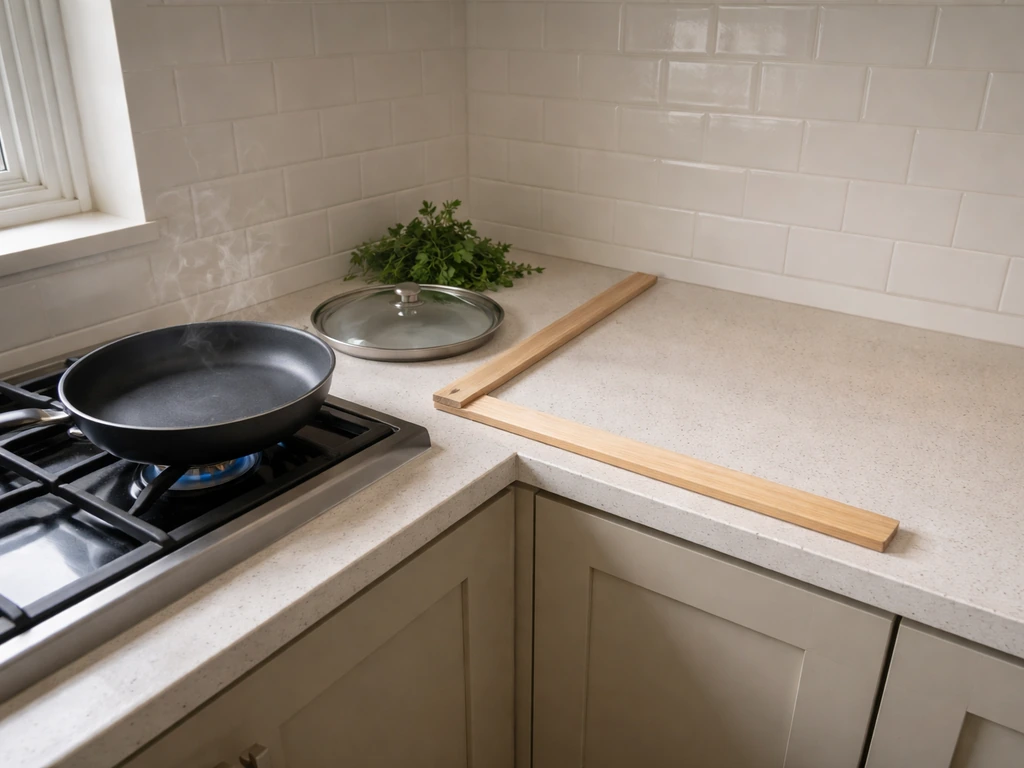 Minimal kitchen corner showing a non-stick pan near a separated bird-free cooking zone boundary.