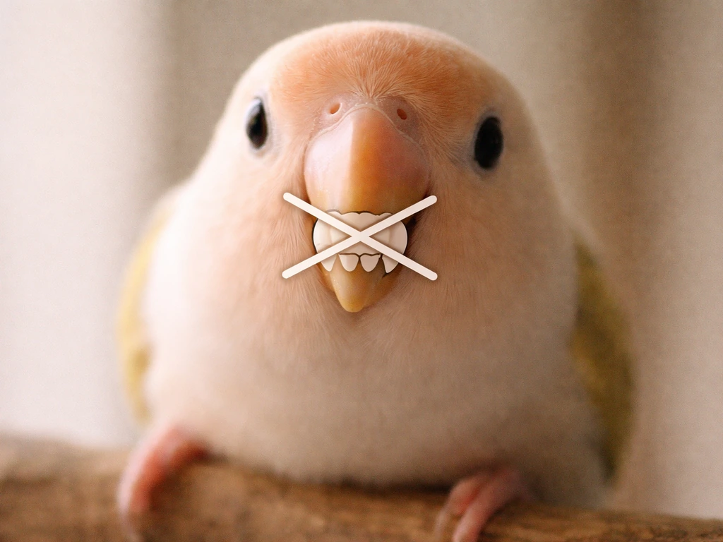 Close-up of a calm bird’s beak with a crossed-out “teeth” cue over the mouth area.