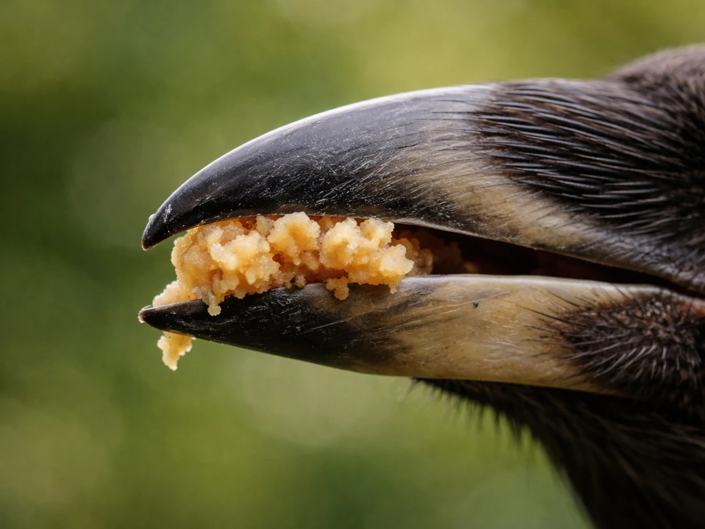 Close-up of a bird beak with detailed keratin ridges crushing food, no teeth shown.