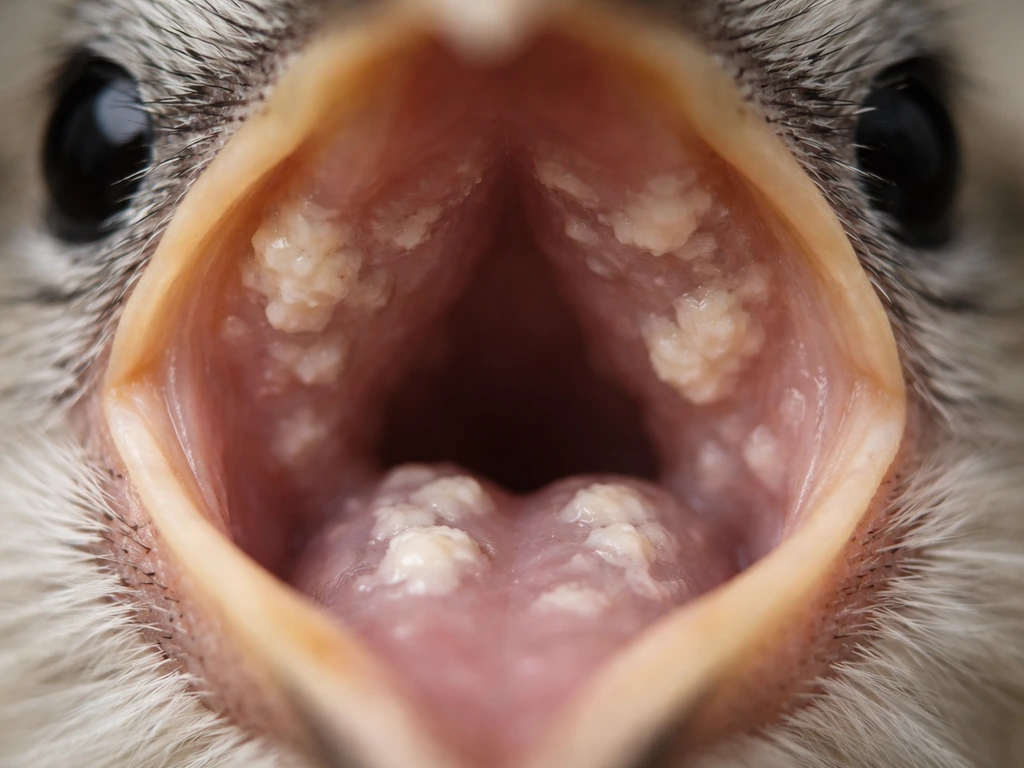 Macro of a bird’s mouth showing cheesy white oral plaques on inner tissue