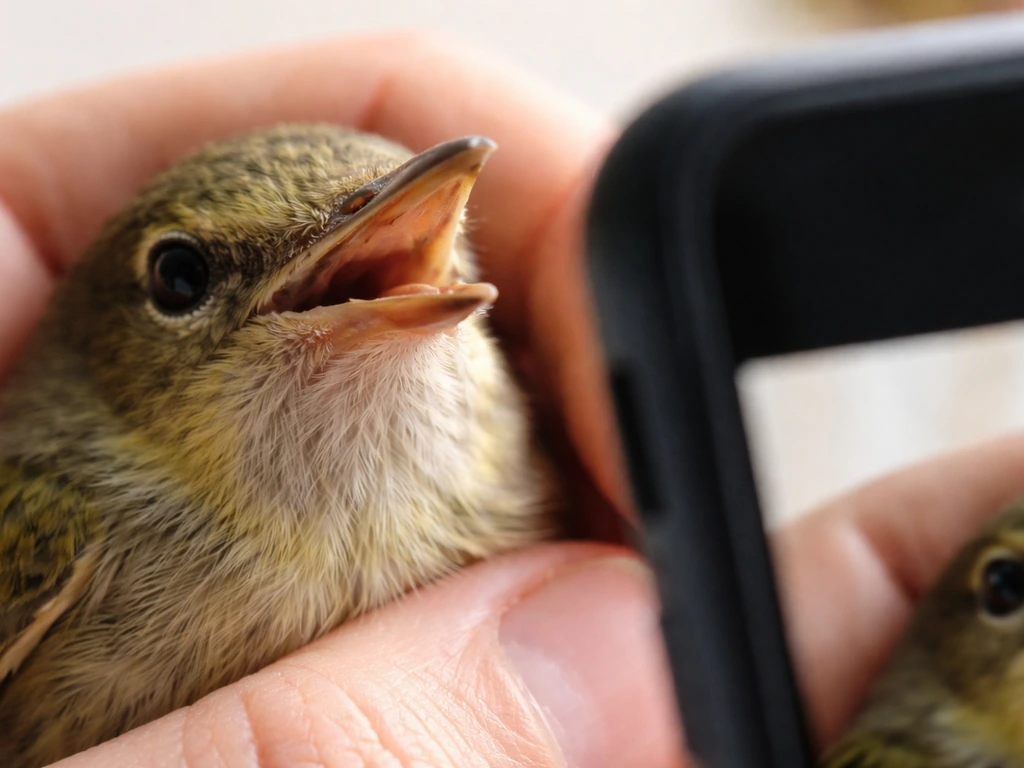 Phone taking a close-up photo of a gently restrained bird’s beak in bright natural light.