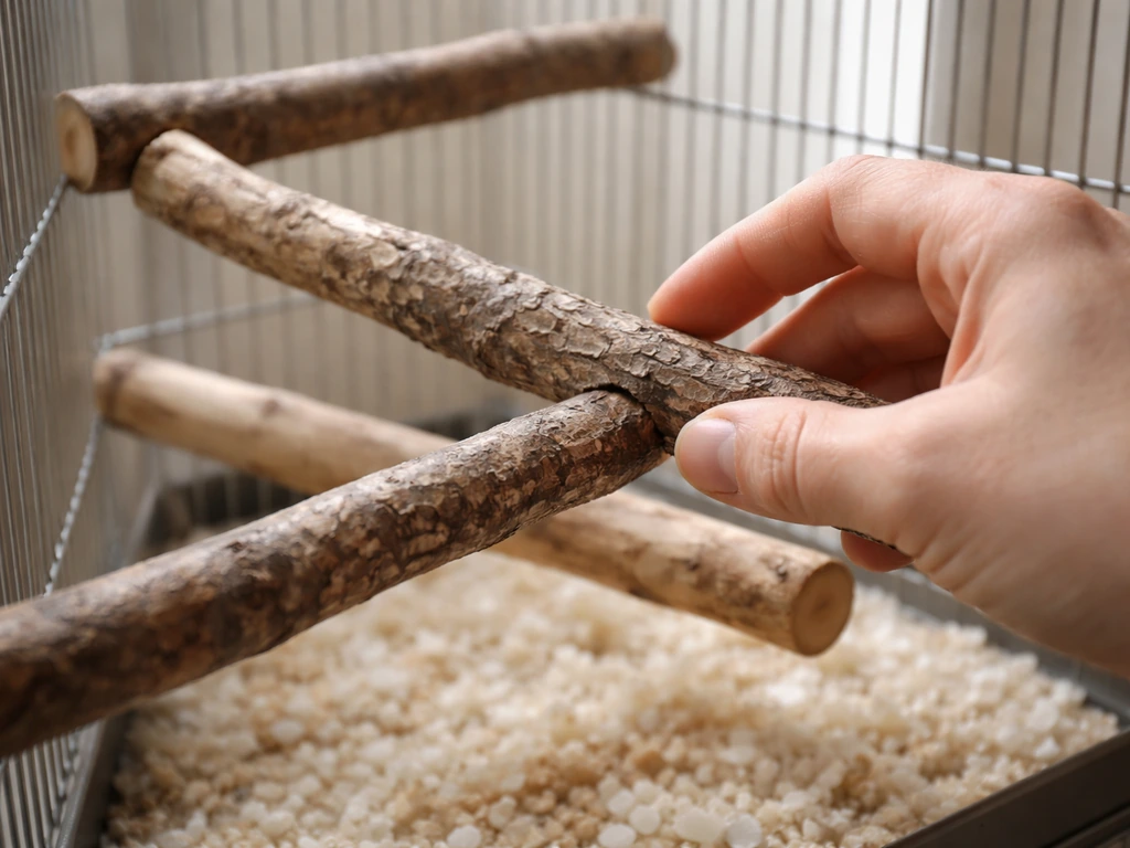 Close-up of a pet bird cage with varied natural wood perches as an owner adjusts one with a hand.