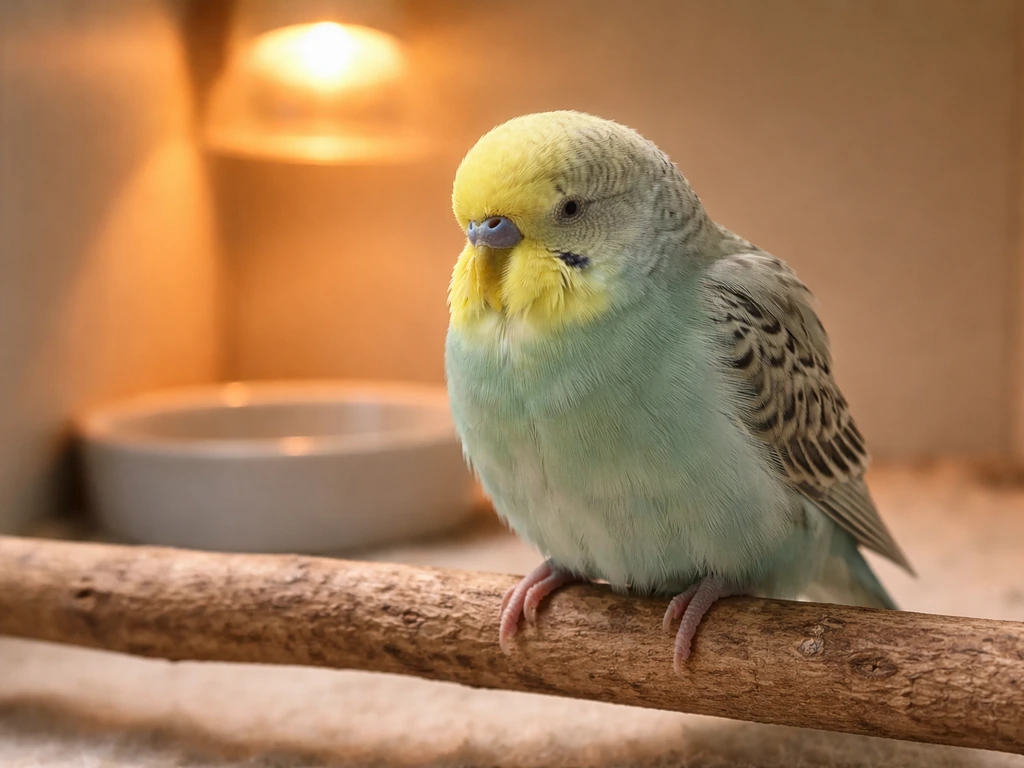 Small pet bird hunched and still on a perch, with a warm background suggesting lethargy or pain