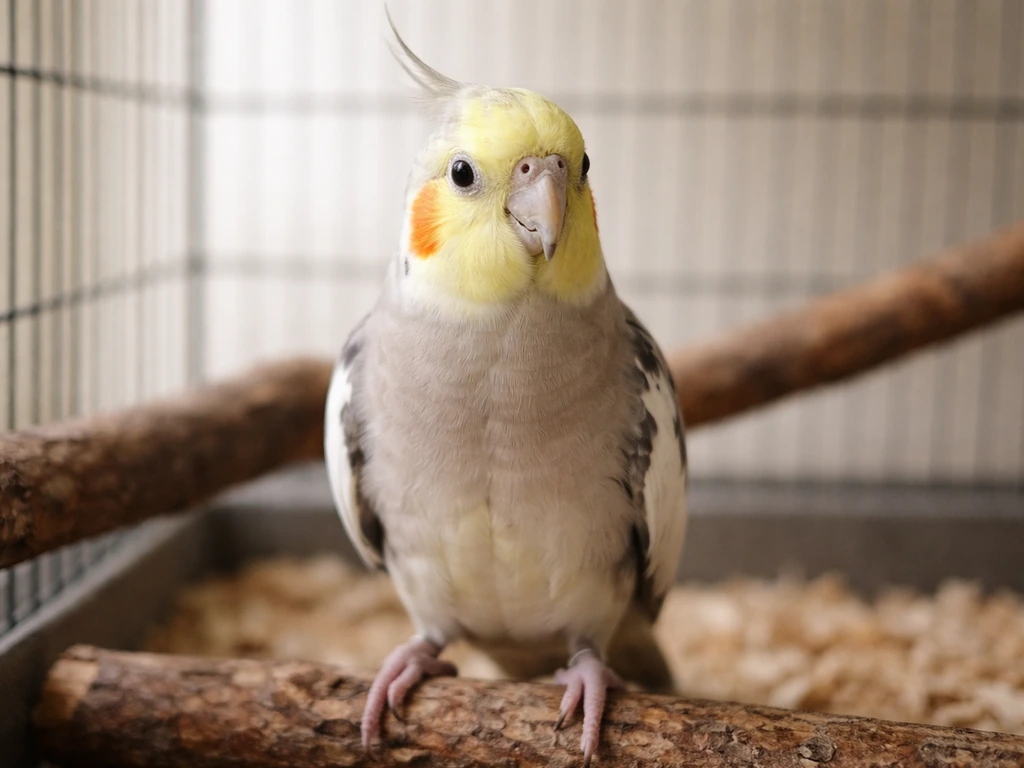 A small companion bird calmly standing in its cage with bright eyes in natural light