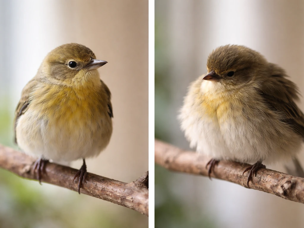 Side-by-side photos of two resting birds: one alert with slight puffing, one fluffed and less responsive.