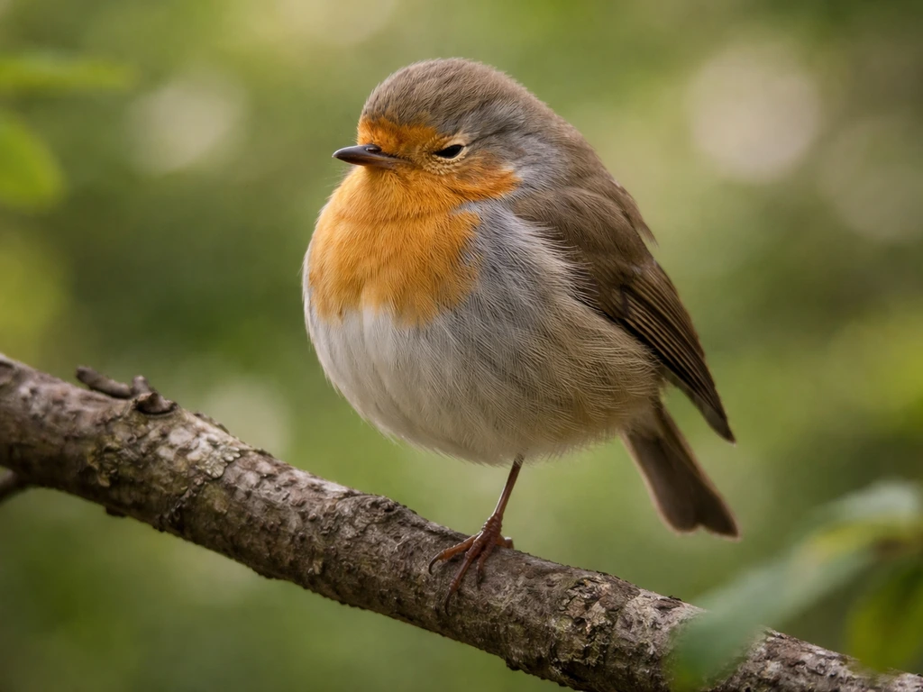 Small bird napping on a branch, puffed feathers, gently closed eyes, standing on one leg.