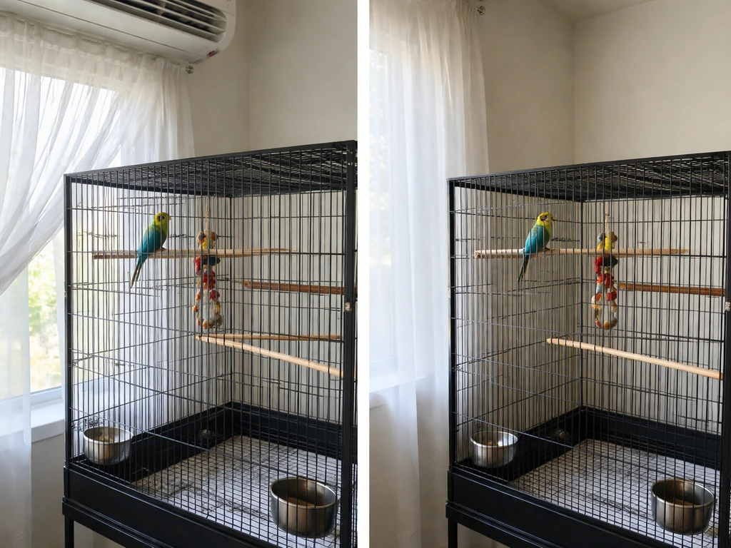 Companion bird near a window/AC airflow with the cage placement contrasting safer, draft-free space.
