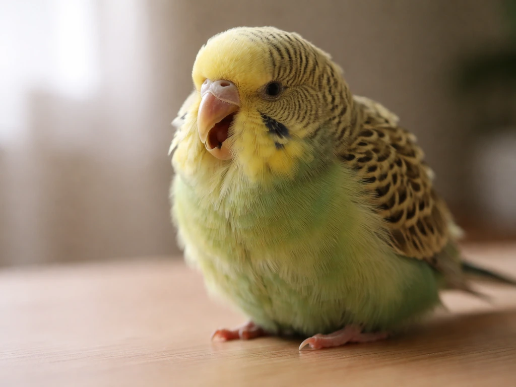 Close-up of a small bird standing still with its mouth open, showing breathing distress and tail bobbing.