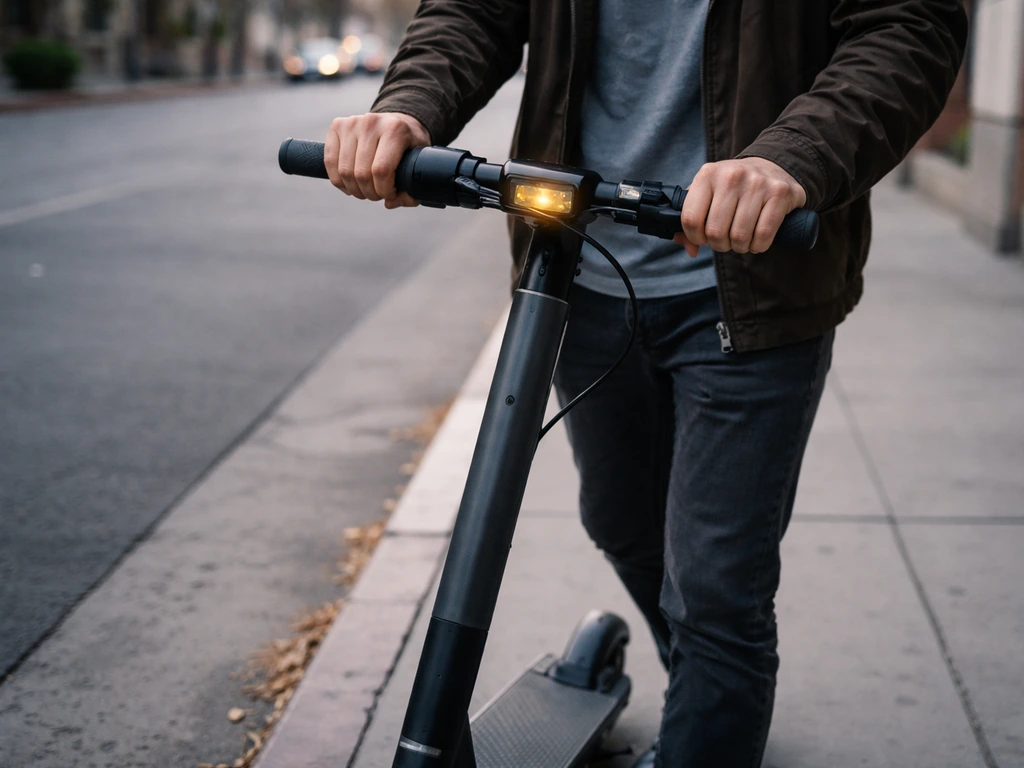An electric scooter stopped mid-ride on a sidewalk with a glowing handlebar display indicating low power/slow mode.