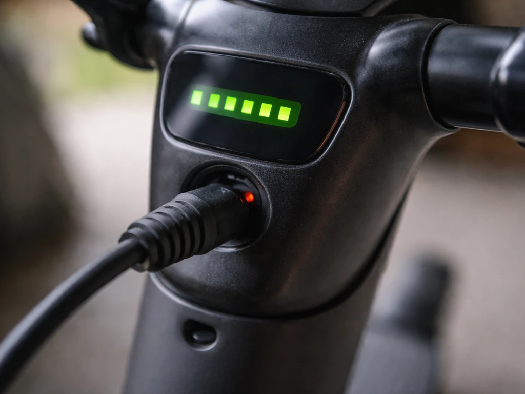 Close-up of an electric scooter’s battery indicator LEDs with a charging cable plugged in.