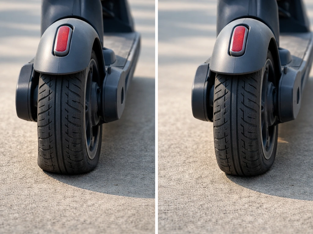 Close-up of scooter tires showing underinflated vs properly inflated wheel tread contact with the ground.