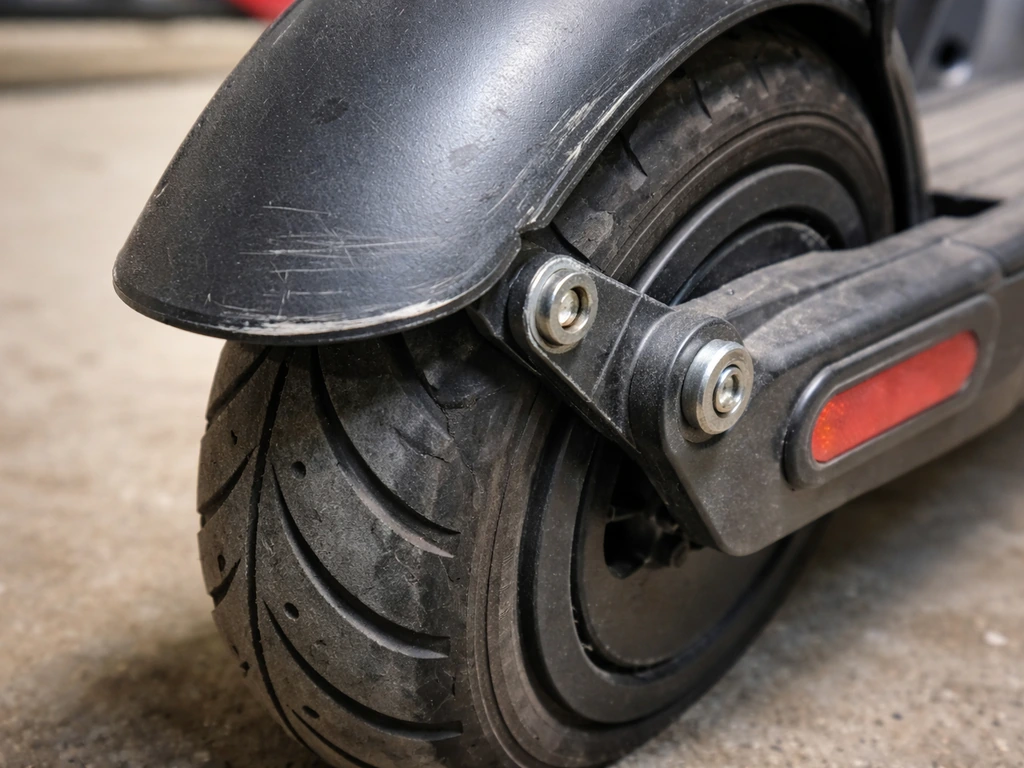 Close-up of a scooter tire being scraped by a sagging fender rubbing at the contact point.