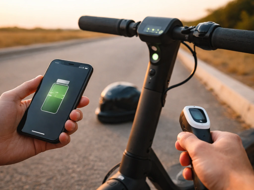 Hand checks scooter battery on a phone while the scooter’s LED indicator glows on flat pavement.
