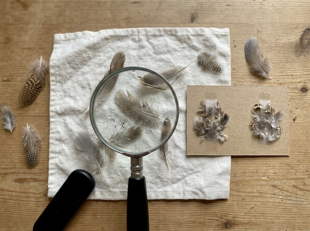 Loose shed feathers arranged to show symmetrical molt shedding