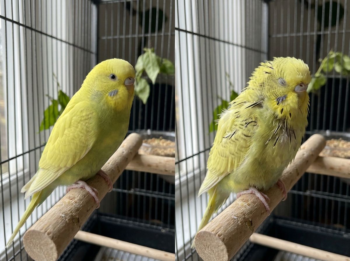 Side-by-side comparison of bird before and during molt