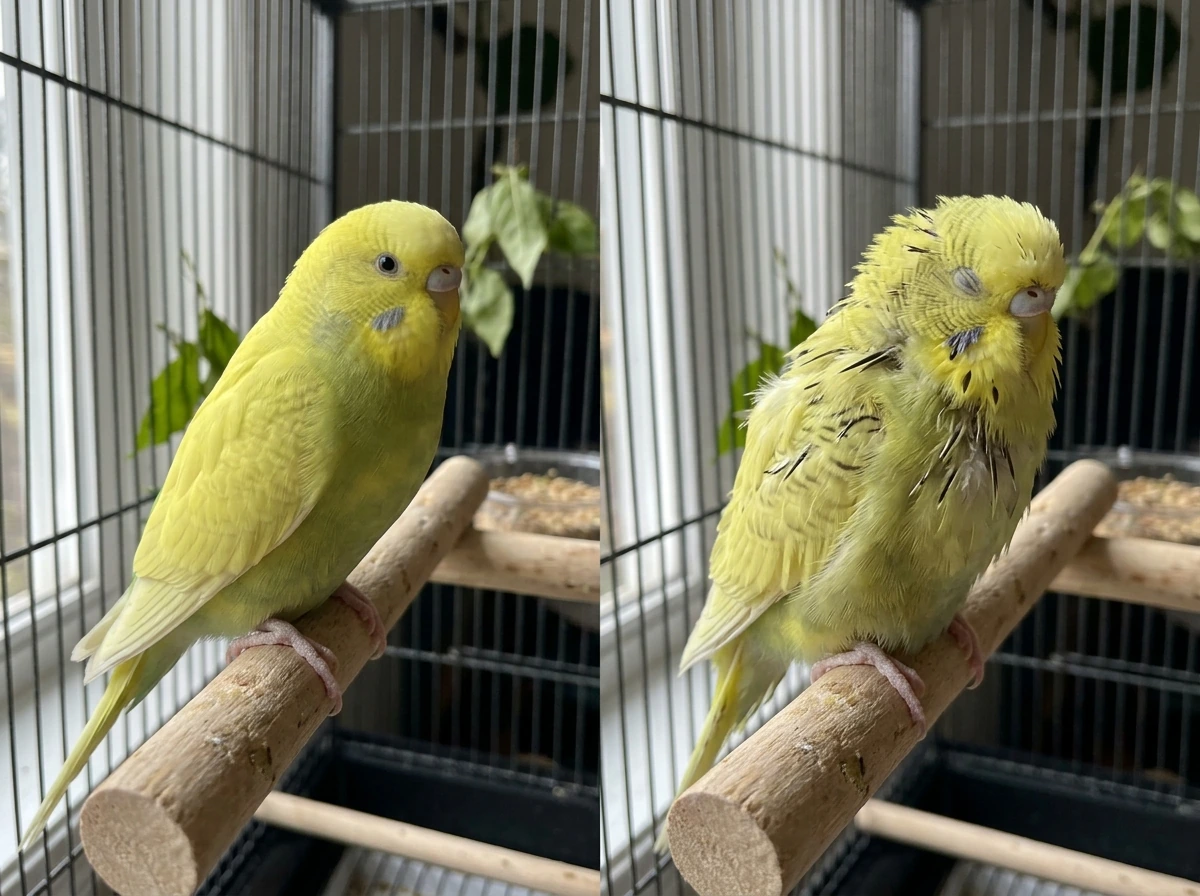 Side-by-side comparison of bird before and during molt