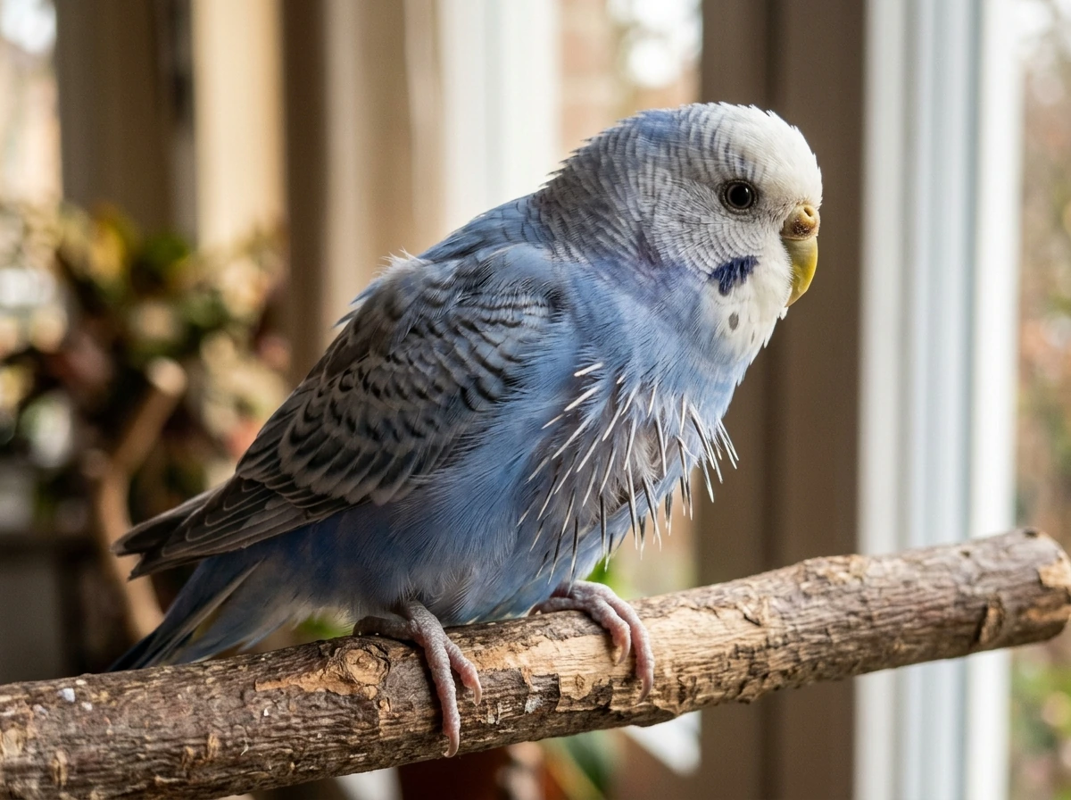 Close-up of a bird with pin feathers emerging during molting