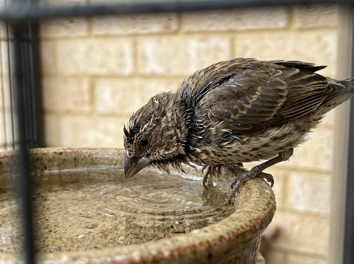 Bird bathing in shallow water during molt to soothe pin feathers