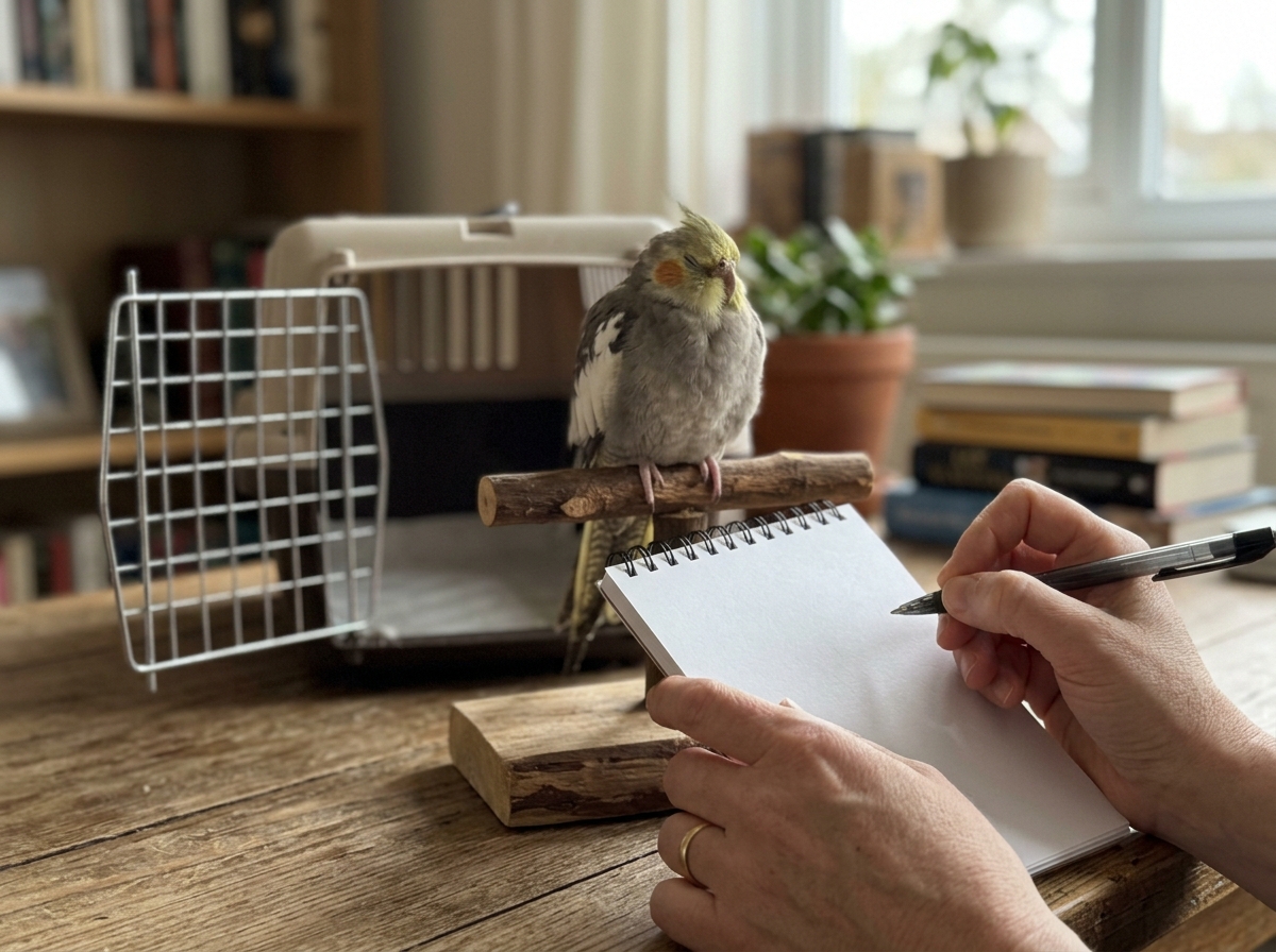Fluffed bird on perch with carrier in background—know when to call vet