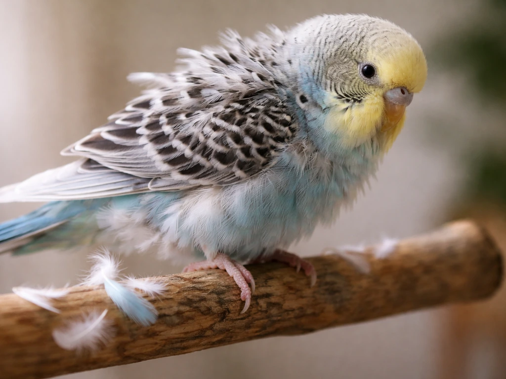 Close-up of a pet bird actively molting, showing pin feathers and a few scattered feathers on a perch.