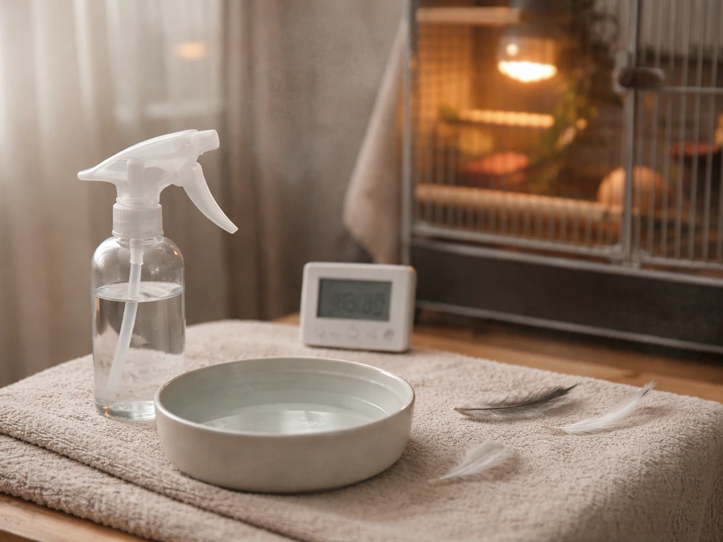 Minimal bird-care setup showing a shallow bath bowl, fine misting bottle, and warm draft-free environment.