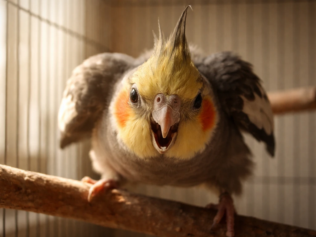 Close-up of an agitated pet bird in a cage, wings tense and guarding stance inside natural light.