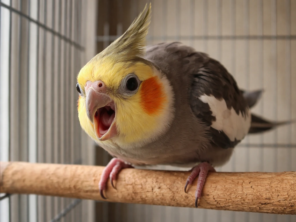 Close-up of a small pet bird in a home cage showing tense, defensive body language.