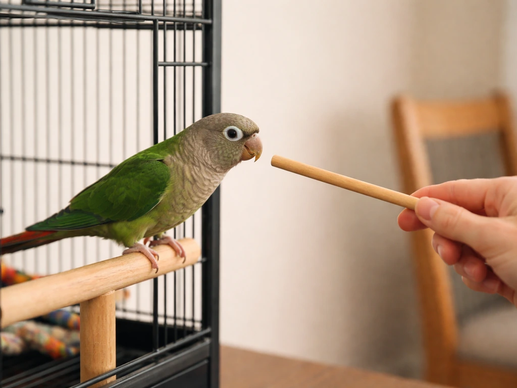 Pet parrot perched calmly beside a cage door as a hand offers a target stick for safe step-up training.