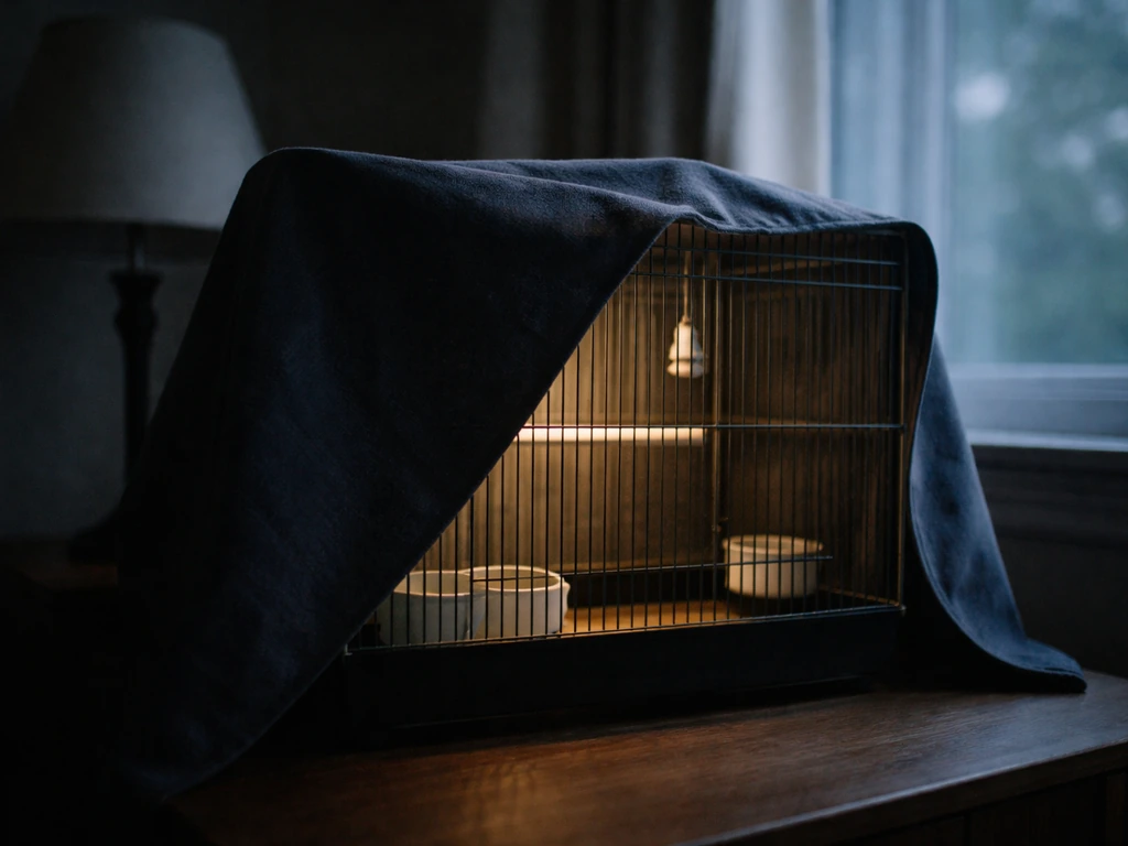 A small bird cage partially covered with a cloth in a dim, quiet room, suggesting reduced light.