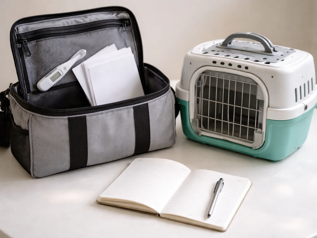 Handwritten notes and a small thermometer in a bag beside an open bird carrier
