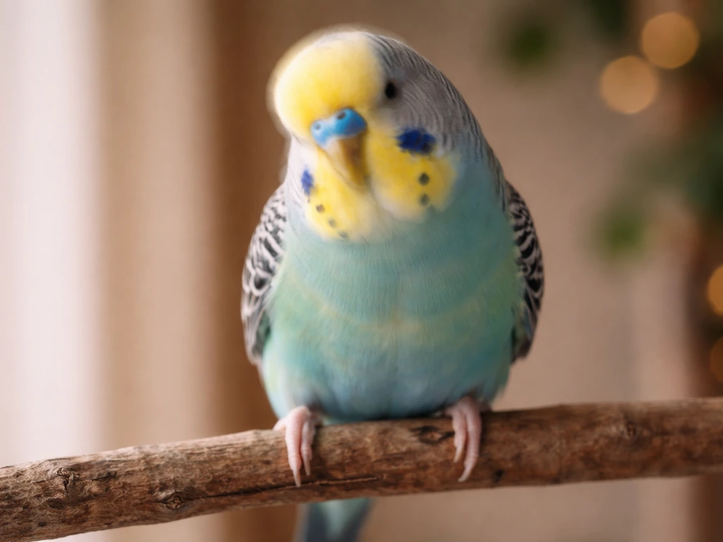 Close-up of a budgie in a calm indoor setting performing purposeful head bobbing