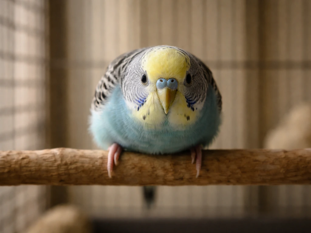 A small pet bird freezes in a tense, crouched posture on a perch inside a home cage area.