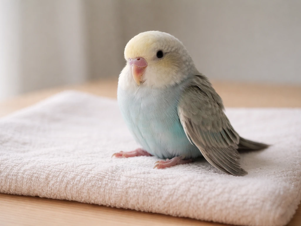 Small pet bird perched on a towel indoors, one wing slightly lower, suggesting guarding or injury.