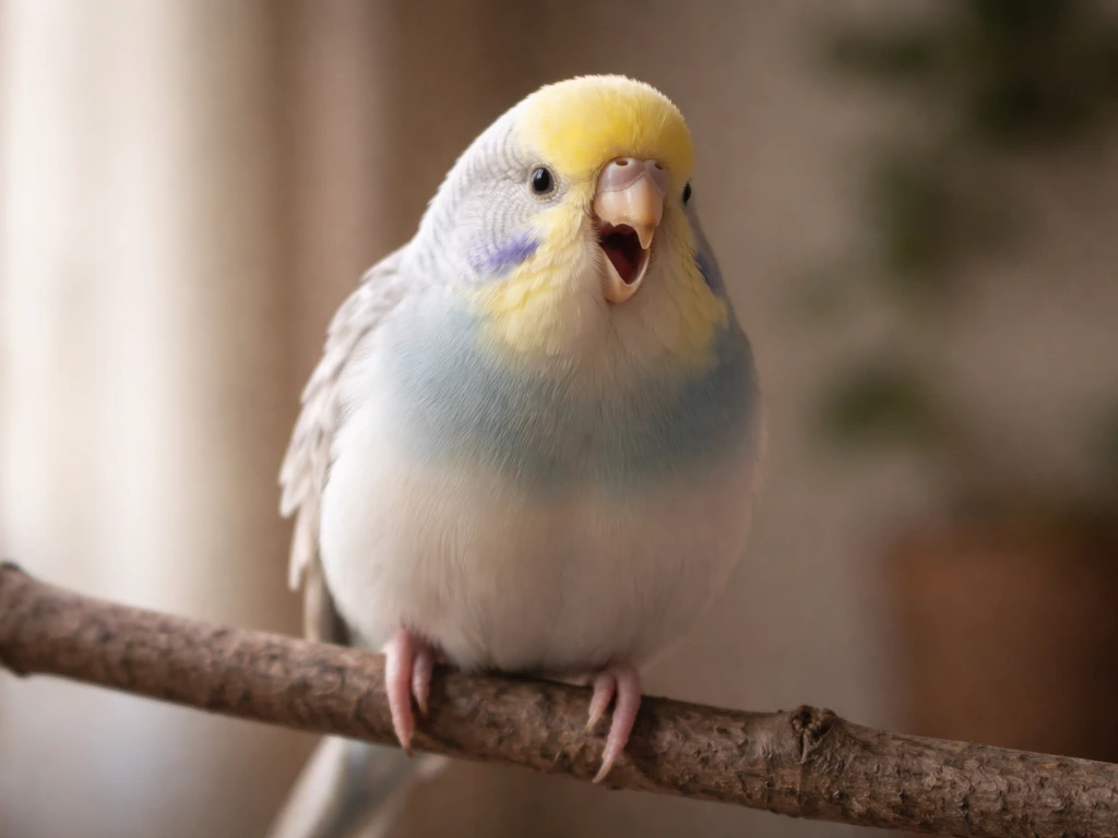 Close-up of a small pet bird perching with open-mouth breathing and subtle tail bobbing.