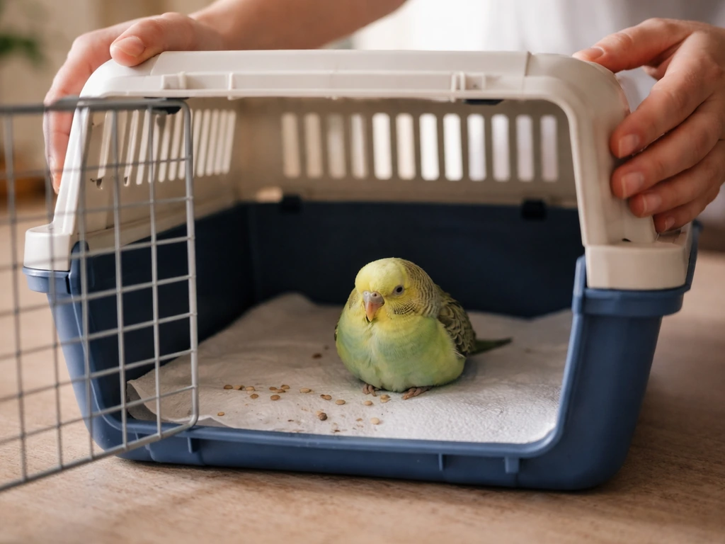 Unwell small pet bird sits puffed in an open carrier while hands prepare to call an avian vet.