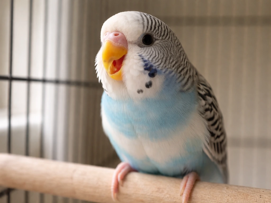A small budgie perches by cage bars, beak open as if chewing on nothing