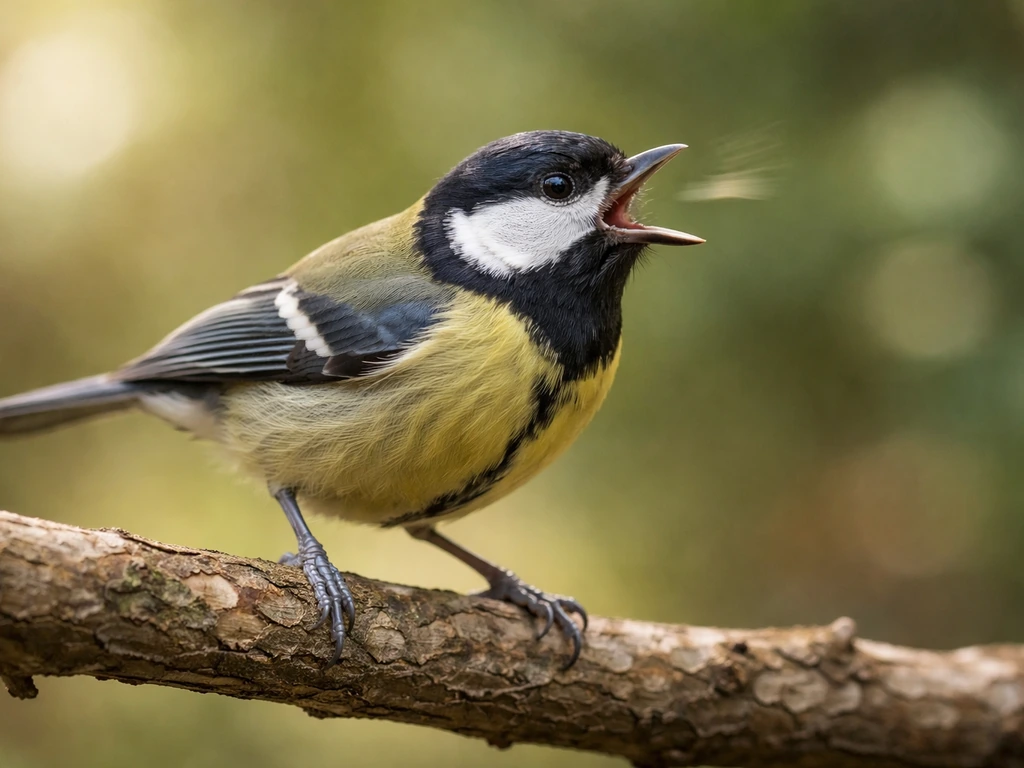 A small bird perched outdoors with its beak snapping at empty space.