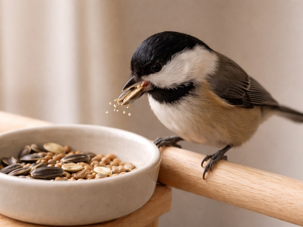 Small bird cracking and manipulating a seed in a shallow dish on a wooden perch.