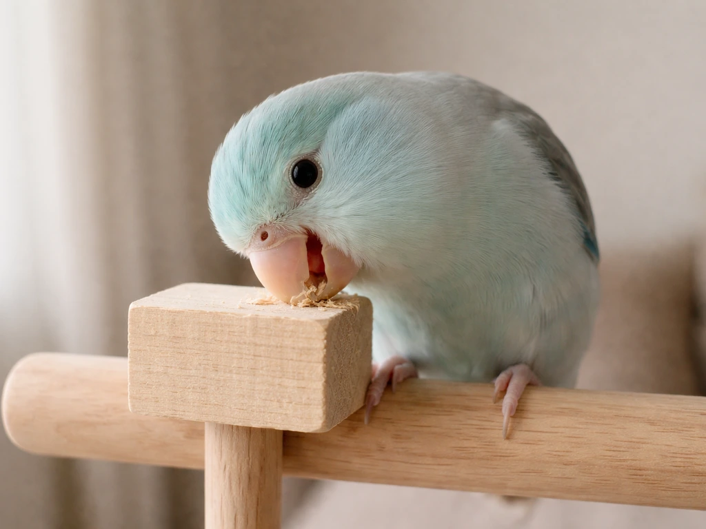 Close-up of a small pet bird chewing a safe untreated wooden block in a simple indoor setting