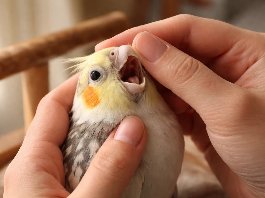 Caregiver gently inspecting a pet bird’s beak and mouth in a calm home setting
