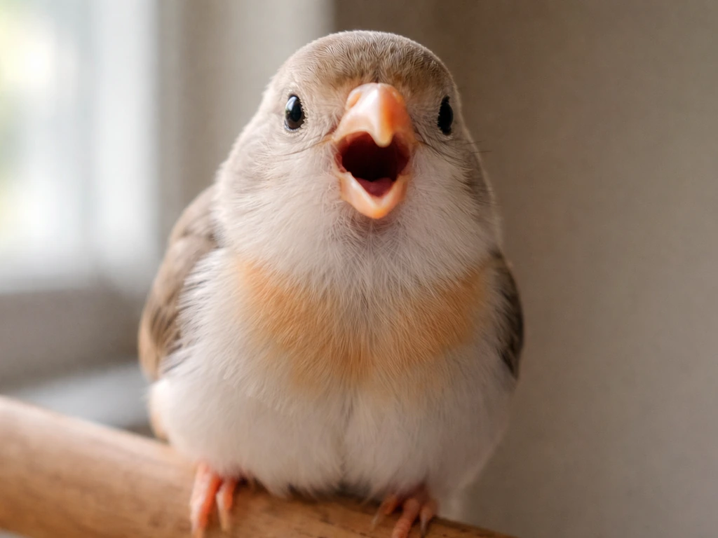 Close-up of a small pet bird with its beak slightly open, indoors in warm natural light.