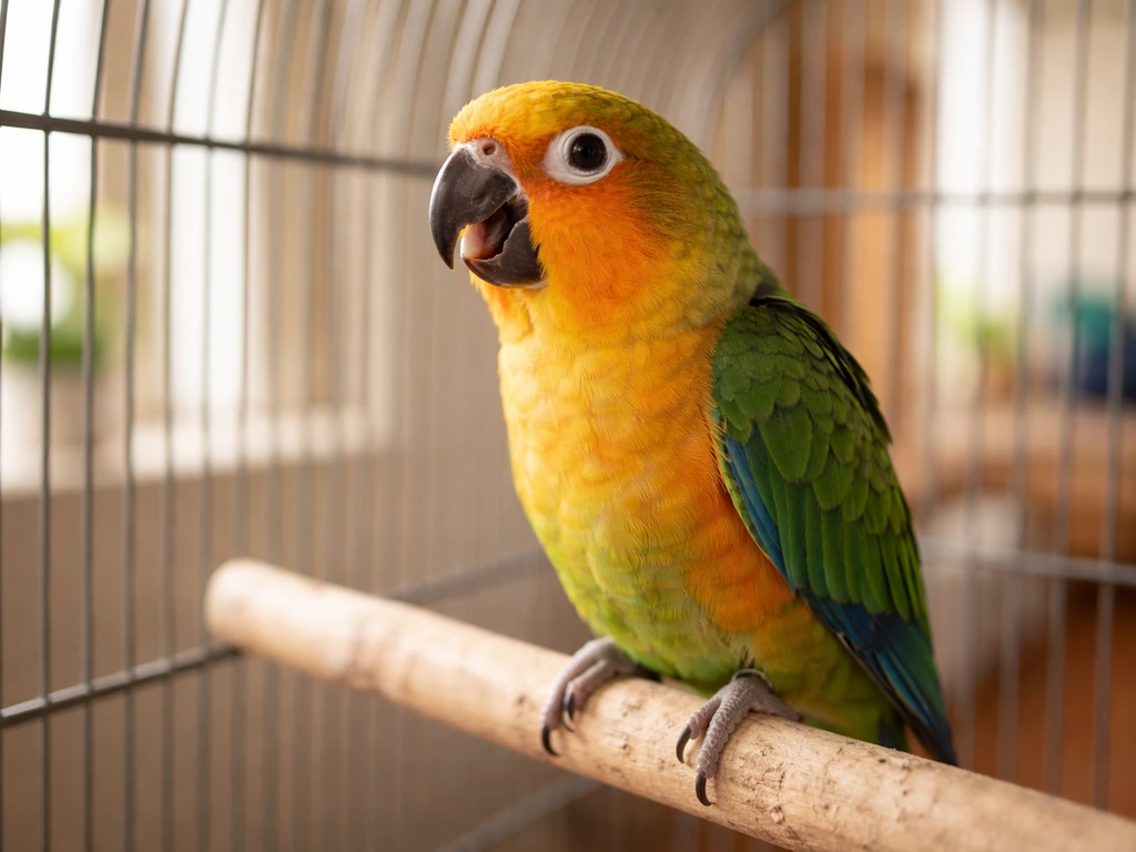 Close-up of a pet parrot perched in its cage with beak slightly open as if chirping, home setting.