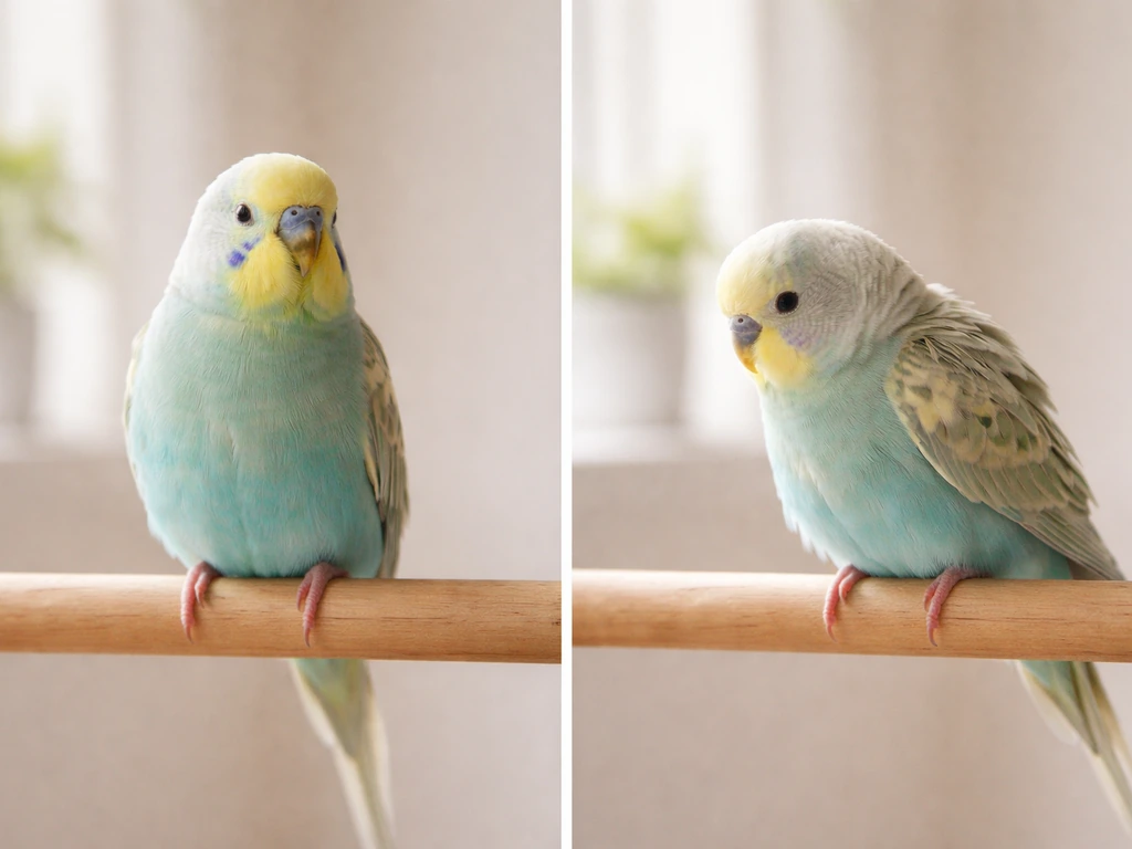 Two-faceted view of a small pet bird perched—calm alert stance on one side, tense hunched posture on the other.