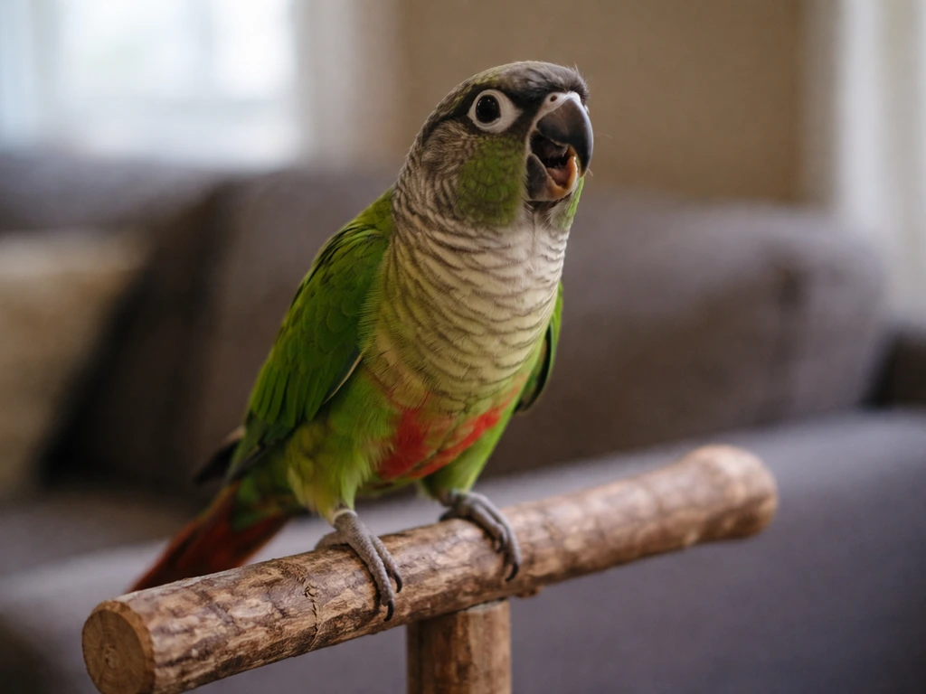 Small pet parrot in a quiet living room looking toward the camera, implying nonstop flock-contact calling.