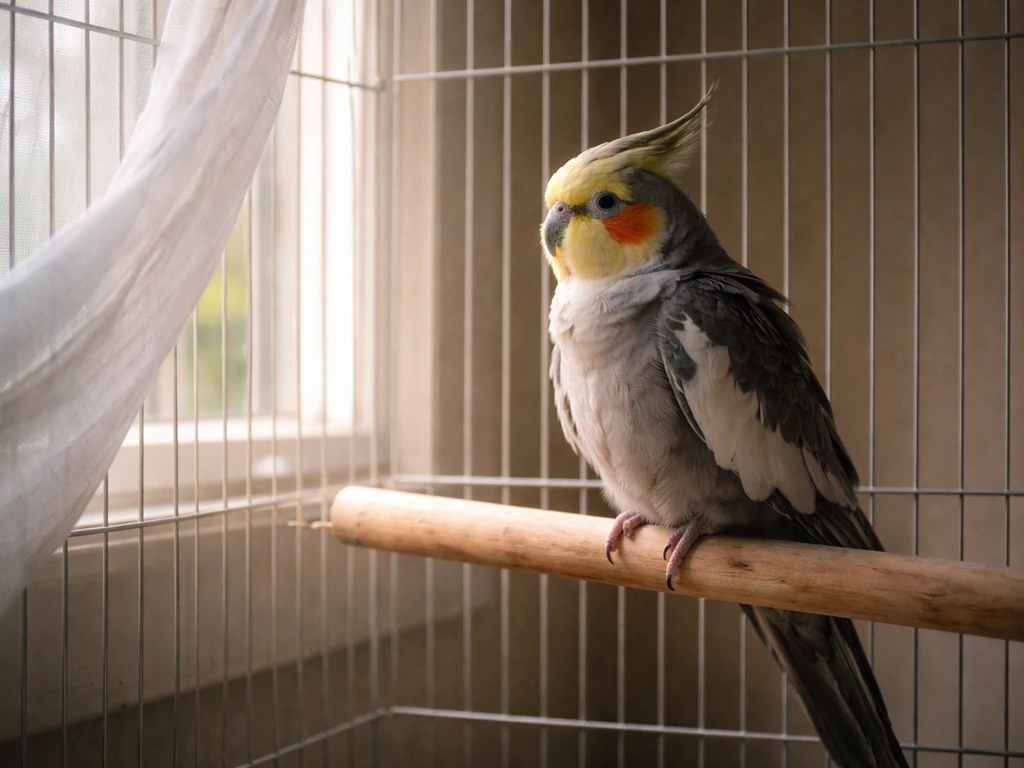 Cockatiel perched beside a curtained window, slightly fluffed, in cool drafty light with indoor shadows