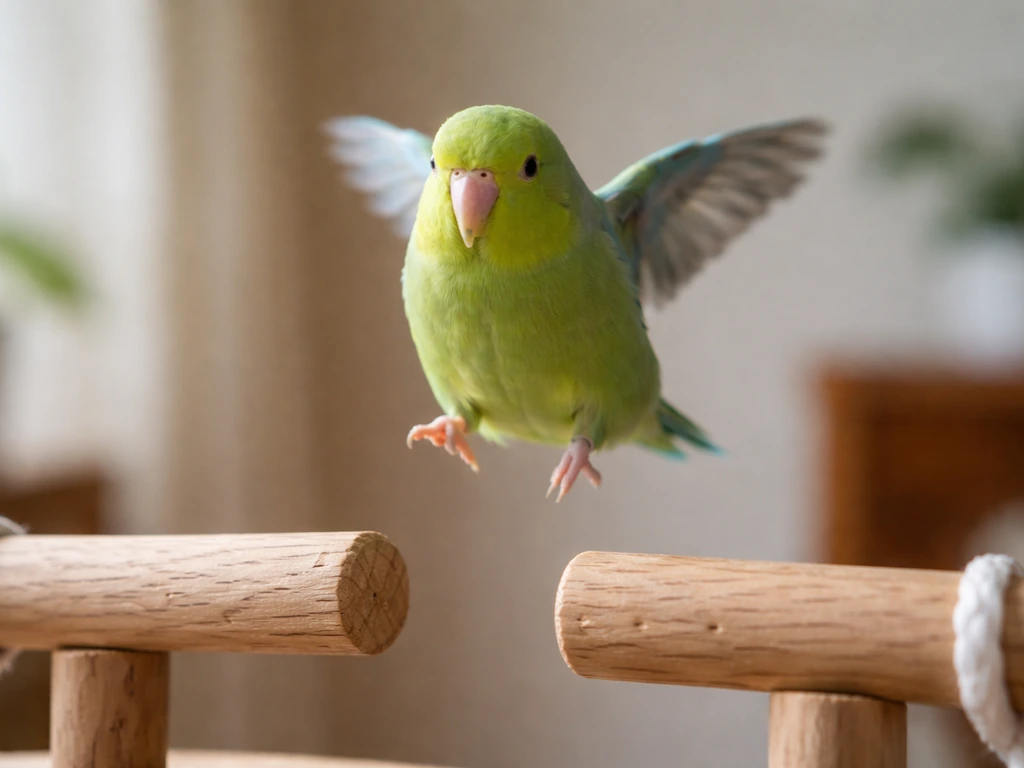 Green parakeet mid-jump on simple wooden perches in soft natural indoor light
