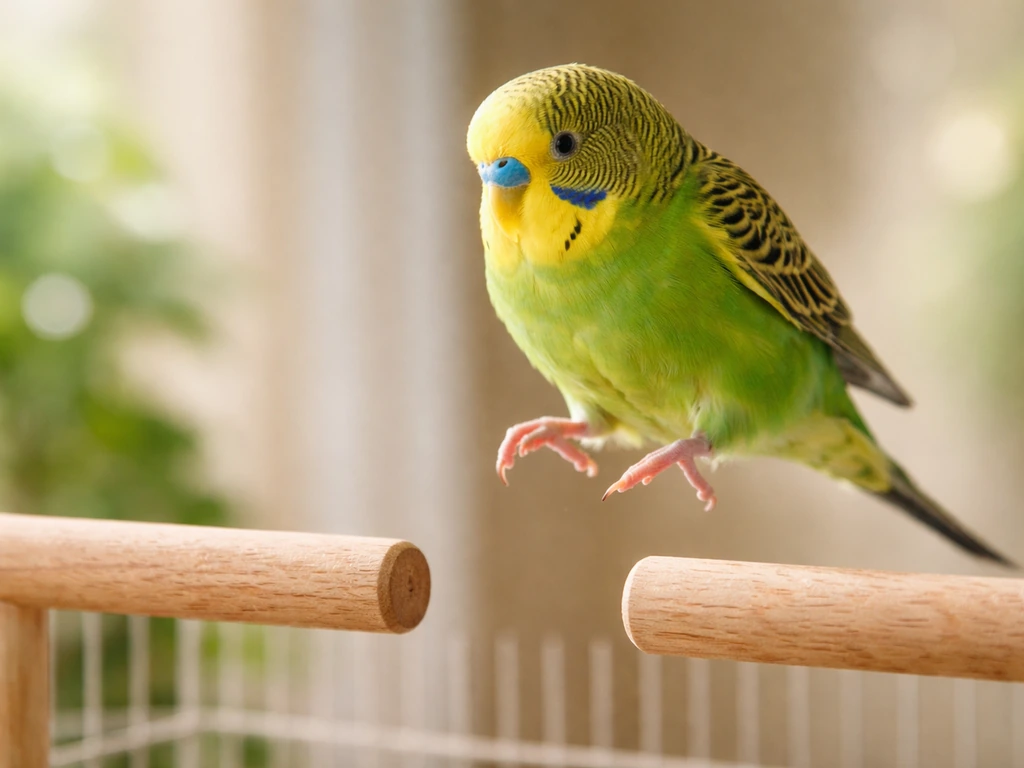 A small colorful parakeet hops and bobs on two wooden perches, feathers smooth and alert in natural light.