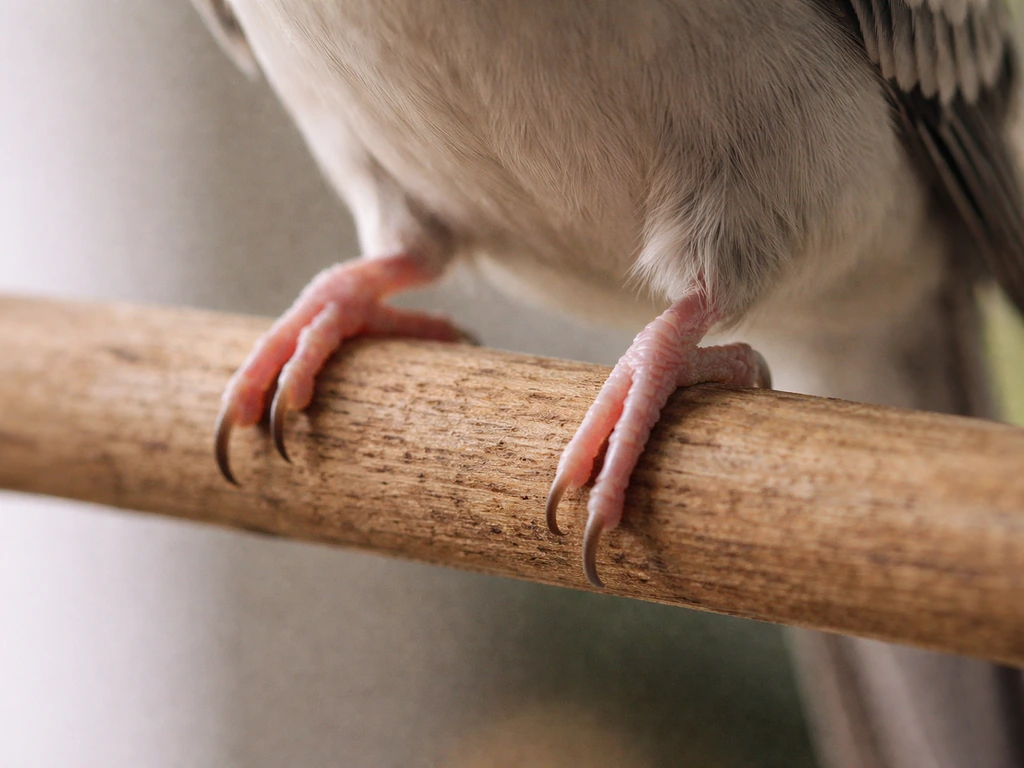 Close-up of a small bird gripping a wooden perch, lifting one foot as it shifts weight.