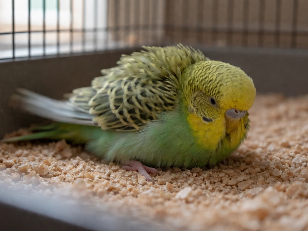 Unwell small pet bird with ruffled fluffed feathers and droopy posture, captured in restless motion inside cage.